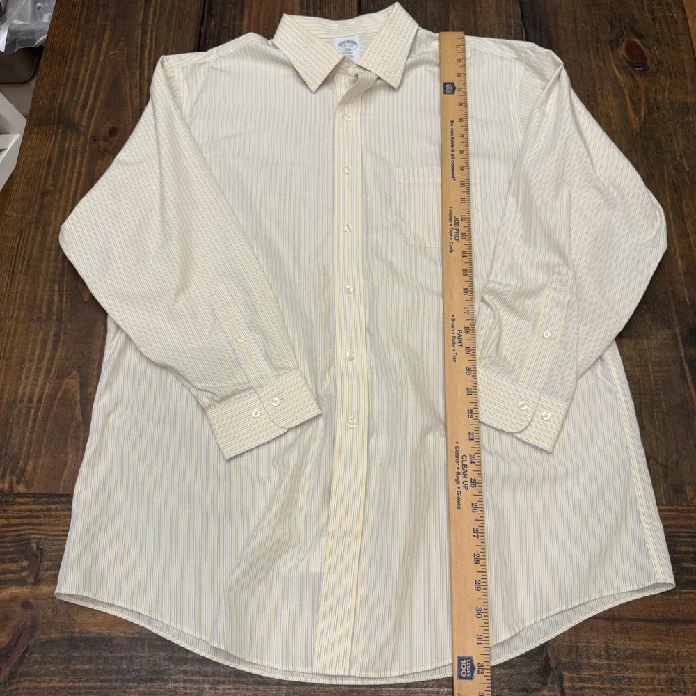 Brooks Brothers 1818 Regent Shirt Mens‎ 17.5 32/33 Yellow Blue Stripe Non-Iron